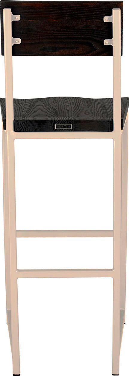 Off white metal stool with back with black stain ash wood made in UK - back view square frame