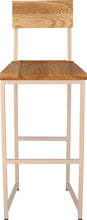 Load image into Gallery viewer, Off white metal stool with back with natural stain ash wood made in UK - front view square frame
