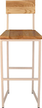Load image into Gallery viewer, Off white metal stool with back with natural stain ash wood made in UK - front view square frame
