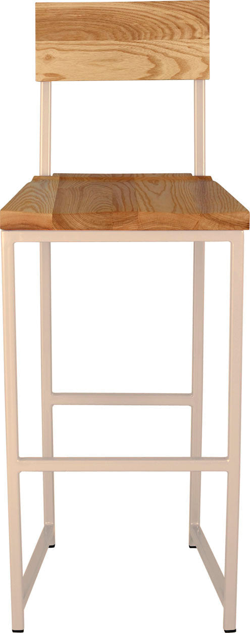 Off white metal stool with back with natural stain ash wood made in UK - front view square frame