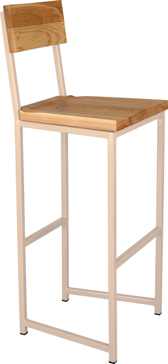 Off white metal stool with back with natural stain ash wood made in UK - angle view square frame