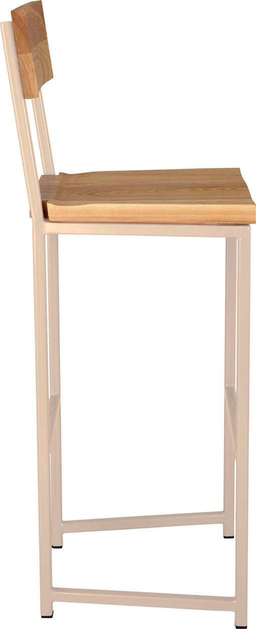 Off white metal stool with back with natural stain ash wood made in UK - side view square frame