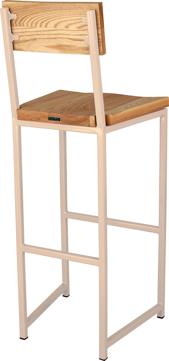 Off white metal stool with back with natural stain ash wood made in UK - back side view square frame