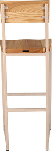 Off white metal stool with back with natural stain ash wood made in UK - back view square frame