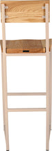 Load image into Gallery viewer, Off white metal stool with back with natural stain ash wood made in UK - back view square frame
