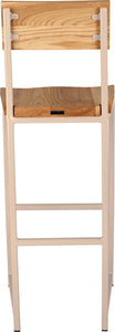 Off white metal stool with back with natural stain ash wood made in UK - back view square frame