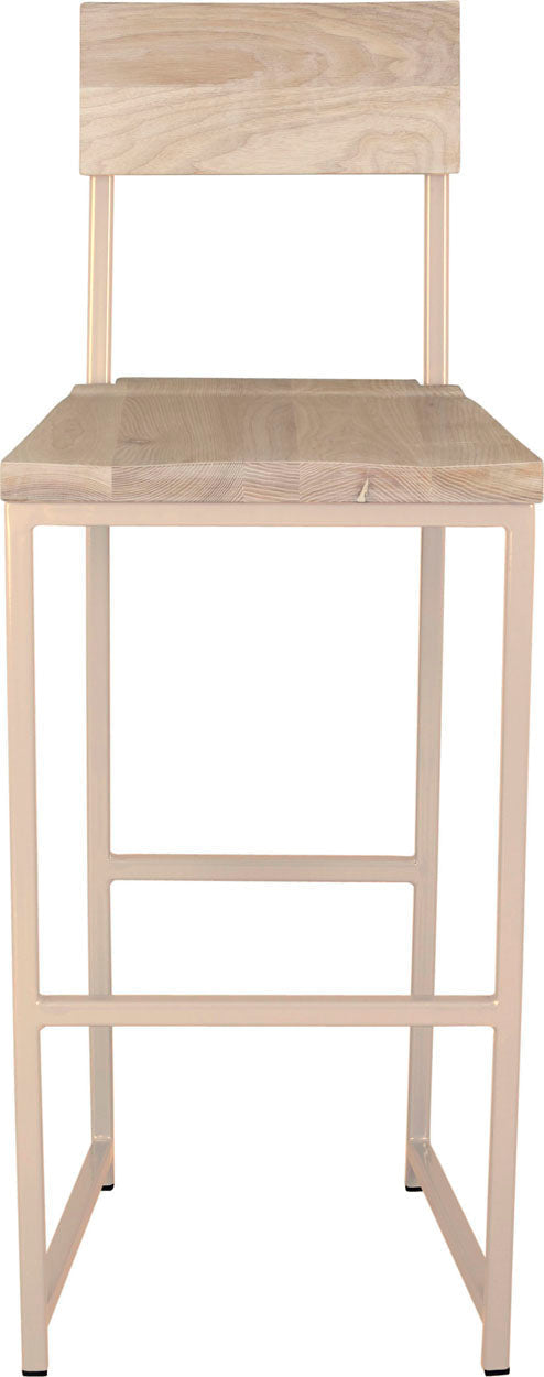 Off white metal stool with back with whitewash stain ash wood made in UK - front view square frame