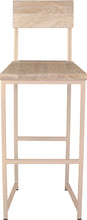 Load image into Gallery viewer, Off white metal stool with back with whitewash stain ash wood made in UK - front view square frame
