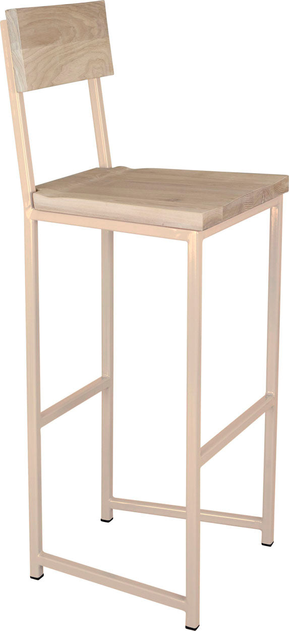 Off white metal stool with back with whitewash stain ash wood made in UK - angle view square frame
