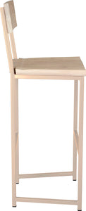 Off white metal stool with back with whitewash stain ash wood made in UK - side view square frame