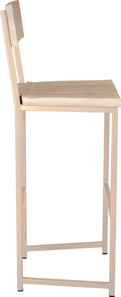 Off white metal stool with back with whitewash stain ash wood made in UK - side view square frame