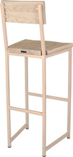 Load image into Gallery viewer, Off white metal stool with back with whitewash stain ash wood made in UK - back side view square frame
