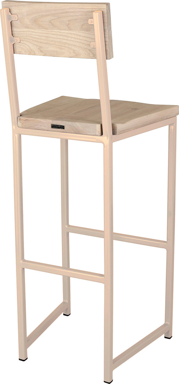 Off white metal stool with back with whitewash stain ash wood made in UK - back side view square frame