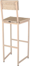 Load image into Gallery viewer, Off white metal stool with back with whitewash stain ash wood made in UK - back side view square frame
