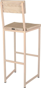 Off white metal stool with back with whitewash stain ash wood made in UK - back side view square frame