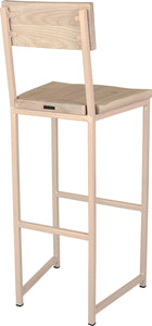 Off white metal stool with back with whitewash stain ash wood made in UK - back side view square frame