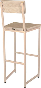 Off white metal stool with back with whitewash stain ash wood made in UK - back side view square frame