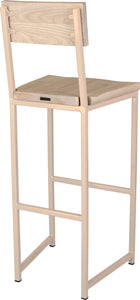 Off white metal stool with back with whitewash stain ash wood made in UK - back side view square frame