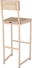 Load image into Gallery viewer, Off white metal stool with back with whitewash stain ash wood made in UK - back side view square frame
