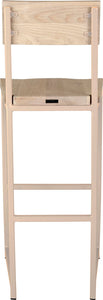 Off white metal stool with back with whitewash stain ash wood made in UK - back view square frame