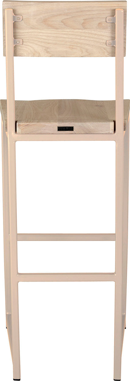 Off white metal stool with back with whitewash stain ash wood made in UK - back view square frame
