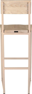 Off white metal stool with back with whitewash stain ash wood made in UK - back view square frame