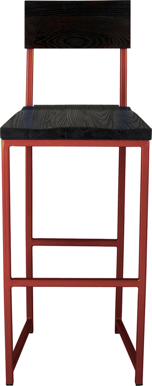 Crimson red metal stool with back with black stain ash wood made in UK - front view square frame