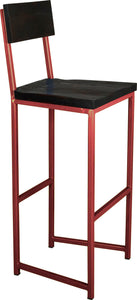 Crimson red metal stool with back with black stain ash wood made in UK - angle view square frame