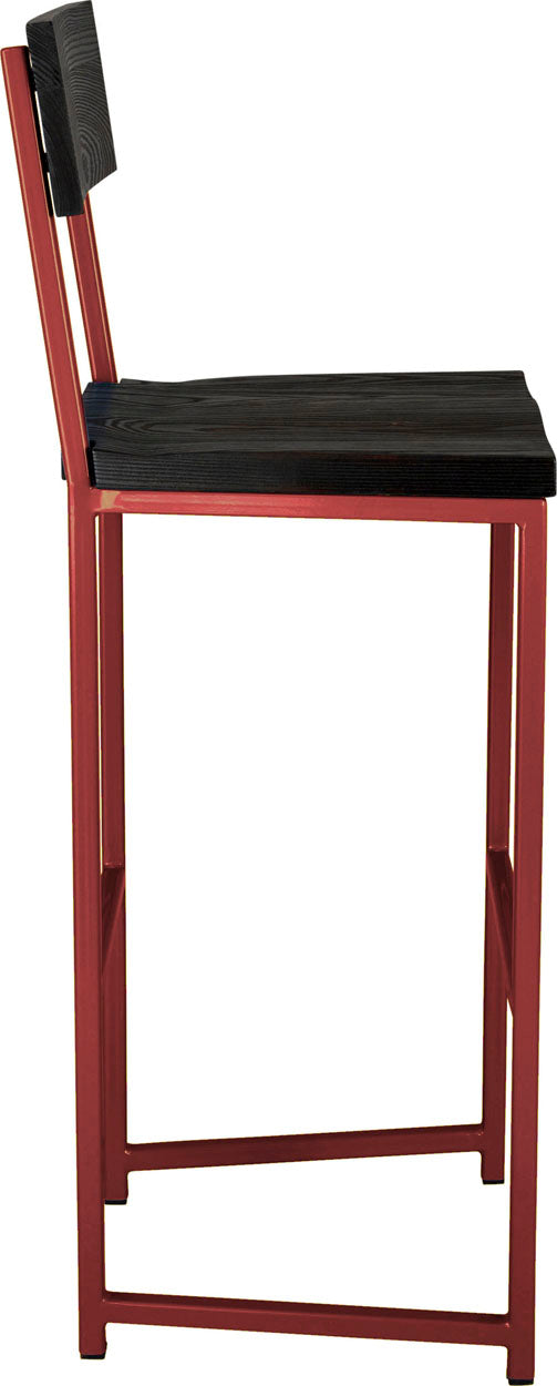Crimson red metal stool with back with black stain ash wood made in UK - side view square frame