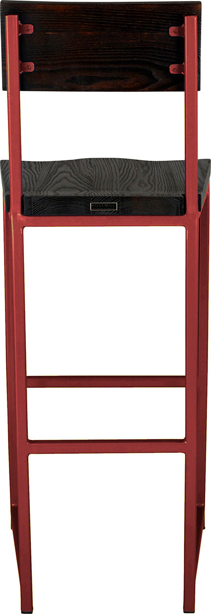 Crimson red metal stool with back with black stain ash wood made in UK - back view square frame
