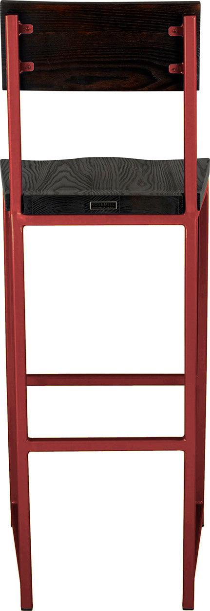Crimson red metal stool with back with black stain ash wood made in UK - back view square frame