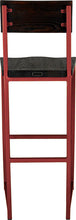 Load image into Gallery viewer, Crimson red metal stool with back with black stain ash wood made in UK - back view square frame
