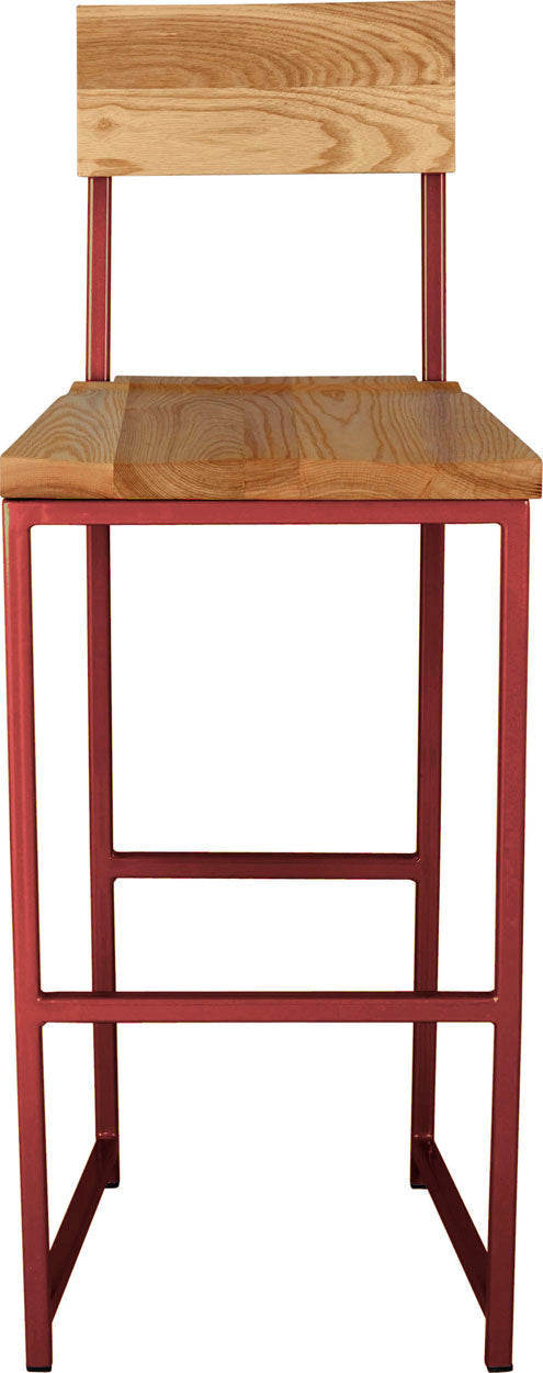 Crimson red metal stool with back with natural stain ash wood made in UK - front view square frame