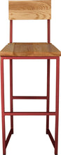 Load image into Gallery viewer, Crimson red metal stool with back with natural stain ash wood made in UK - front view square frame
