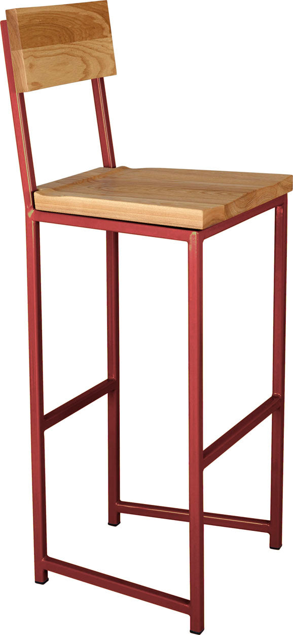 Crimson red metal stool with back with natural stain ash wood made in UK - angle view square frame