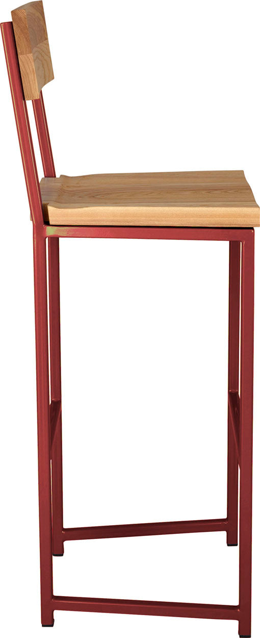 Crimson red metal stool with back with natural stain ash wood made in UK - side view square frame
