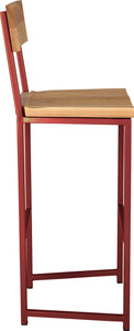 Crimson red metal stool with back with natural stain ash wood made in UK - side view square frame