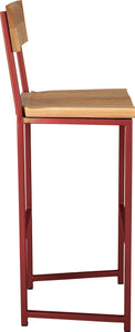 Crimson red metal stool with back with natural stain ash wood made in UK - side view square frame