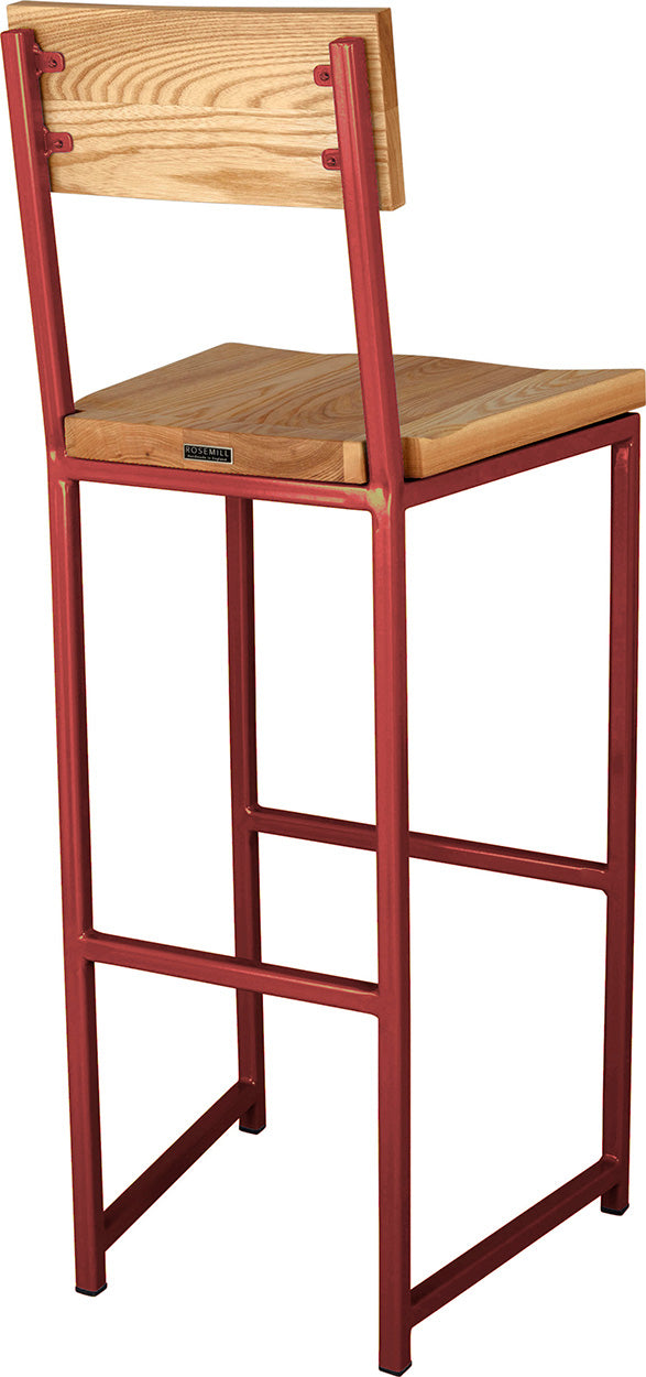 Crimson red metal stool with back with natural stain ash wood made in UK - back side view square frame