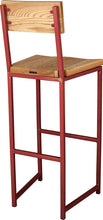 Load image into Gallery viewer, Crimson red metal stool with back with natural stain ash wood made in UK - back side view square frame
