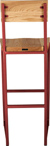 Crimson red metal stool with back with natural stain ash wood made in UK - back view square frame