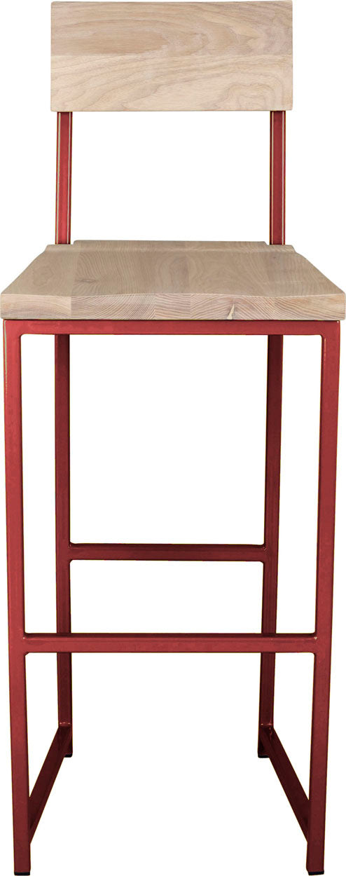 Crimson red metal stool with back with whitewash stain ash wood made in UK - front view square frame