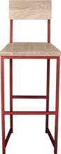Load image into Gallery viewer, Crimson red metal stool with back with whitewash stain ash wood made in UK - front view square frame
