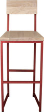 Load image into Gallery viewer, Crimson red metal stool with back with whitewash stain ash wood made in UK - front view square frame
