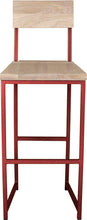 Load image into Gallery viewer, Crimson red metal stool with back with whitewash stain ash wood made in UK - front view square frame
