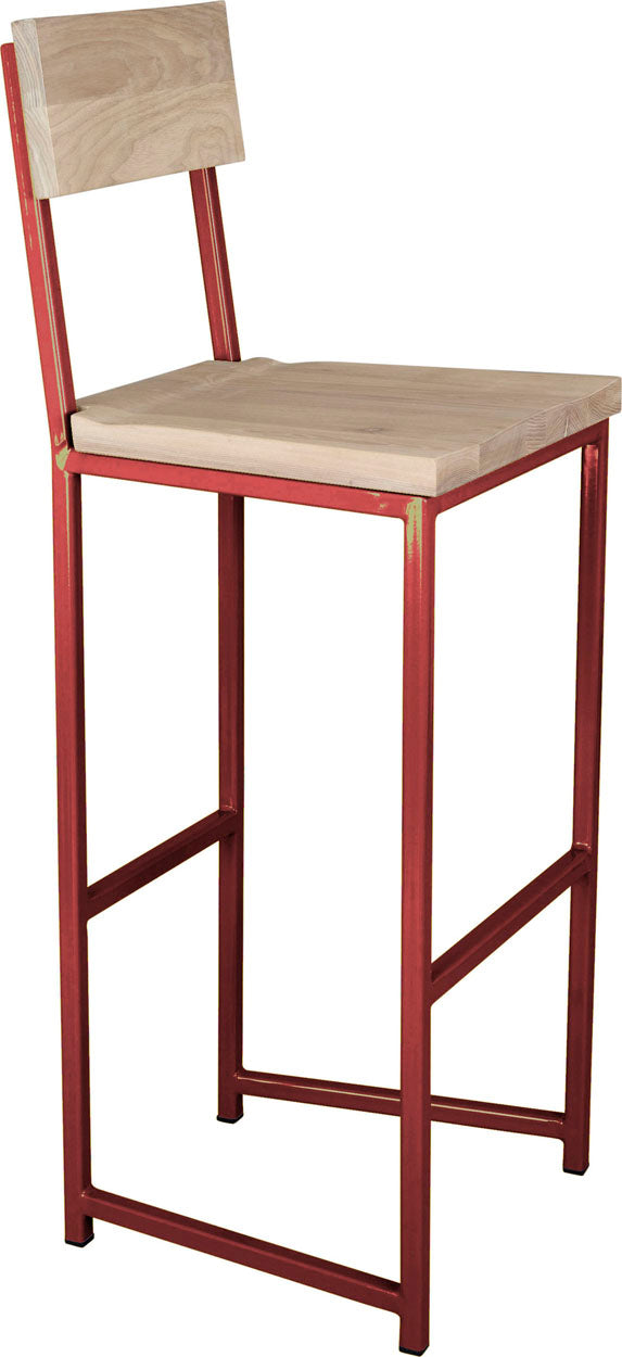 Crimson red metal stool with back with whitewash stain ash wood made in UK - angle view square frame