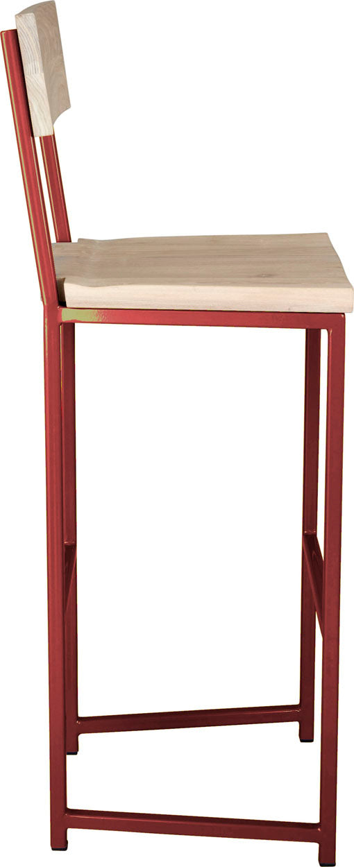 Crimson red metal stool with back with whitewash stain ash wood made in UK - side view square frame