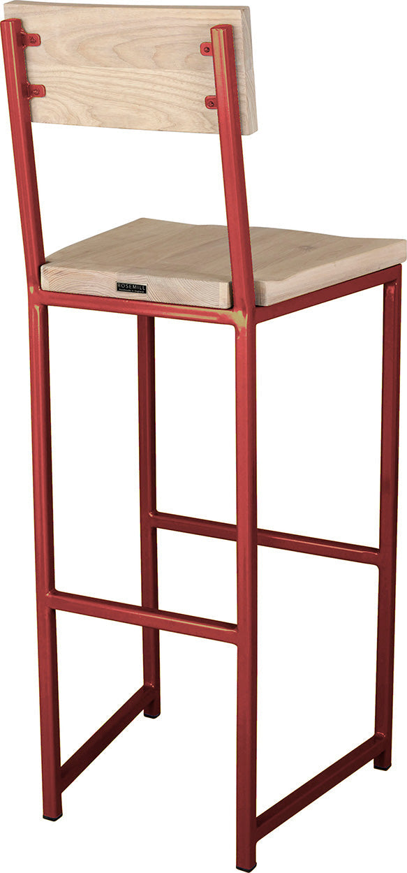 Crimson red metal stool with back with whitewash stain ash wood made in UK - back side view square frame