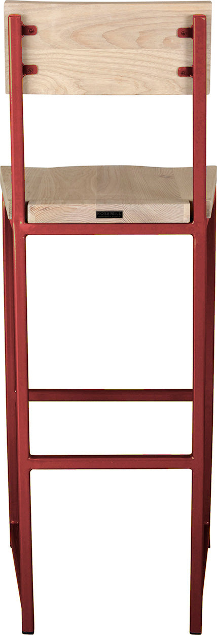 Crimson red metal stool with back with whitewash stain ash wood made in UK - back view square frame