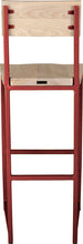 Load image into Gallery viewer, Crimson red metal stool with back with whitewash stain ash wood made in UK - back view square frame

